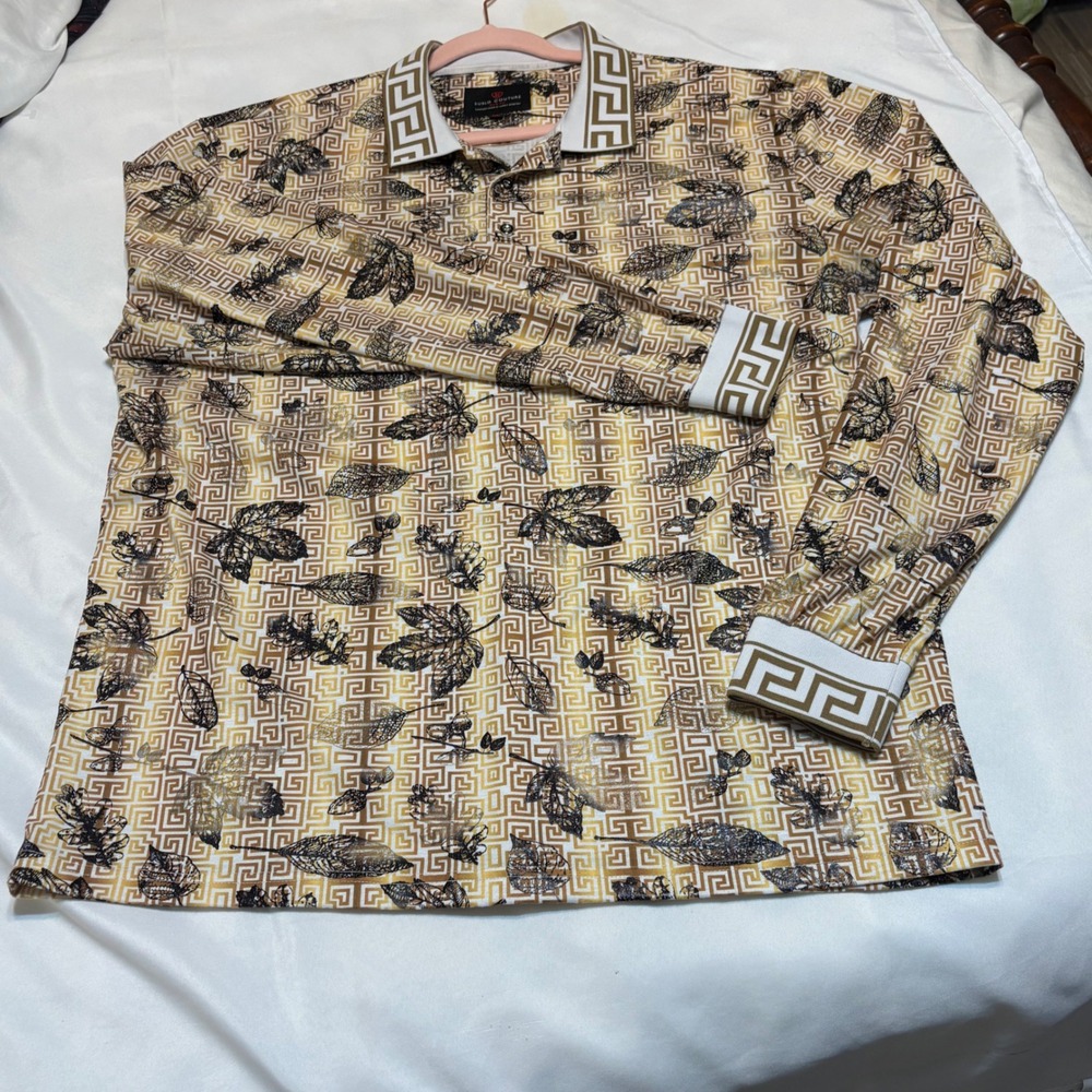 Suslo Couture Mens XL Slim Fit Greek Key Leaf Print Long Sleeve Polo Shirt Gold